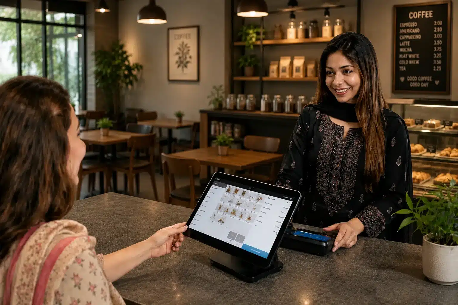 Customer tapping a bank card on an IPS terminal to receive a discount automatically