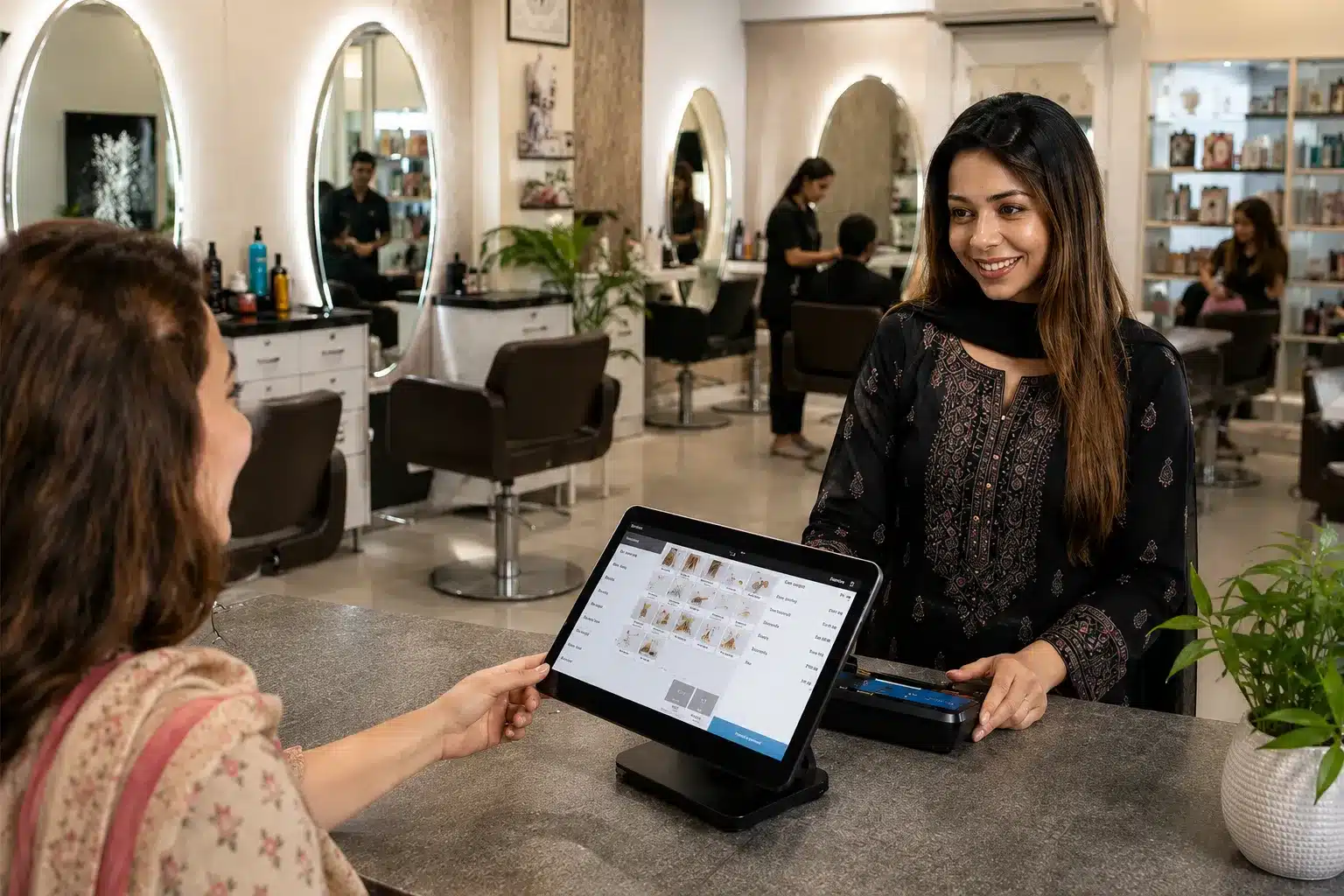 Customer tapping a bank card to pay at an IPS payment terminal during checkout