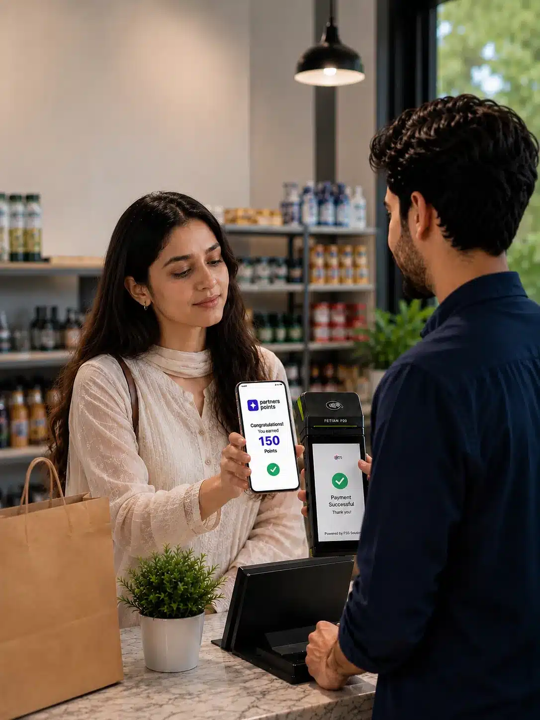 Customer tapping a bank card to pay at an IPS payment terminal during checkout