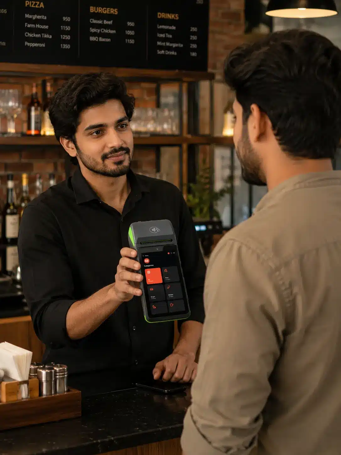 Merchant ringing up a sale on an IPS payment terminal used as a cash register