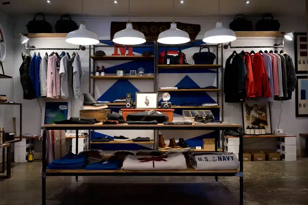 Clothing displayed on racks inside a fashion retail boutique