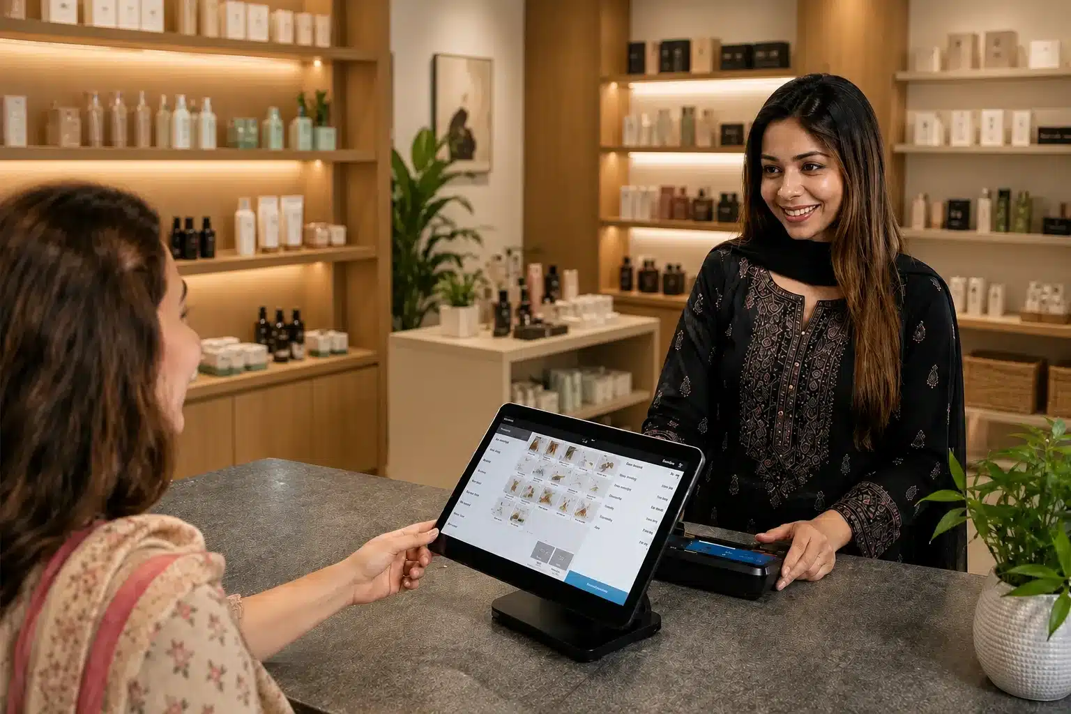 Merchant ringing up a sale on an IPS payment terminal used as a cash register